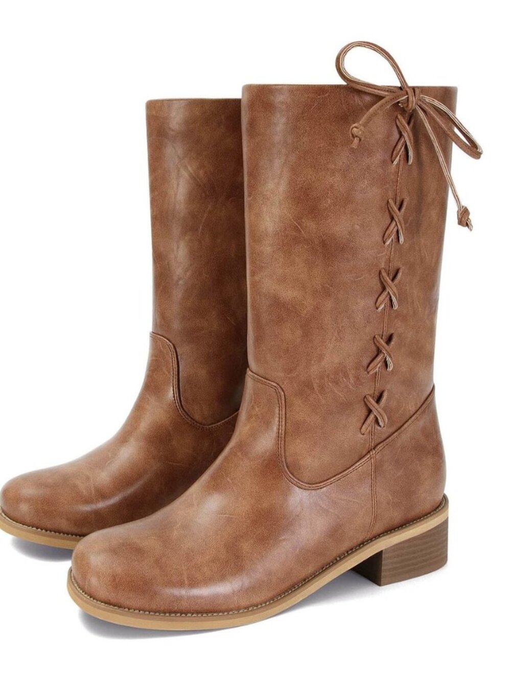 Mid Calf Boots for Women Wide Lace up Chunky Low Heel Booties Comfortable Round